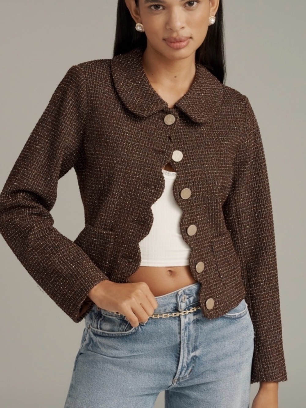 Maeve Anthropologie Tweed Scalloped Lady Jacket Chickory Brown Large Academia
